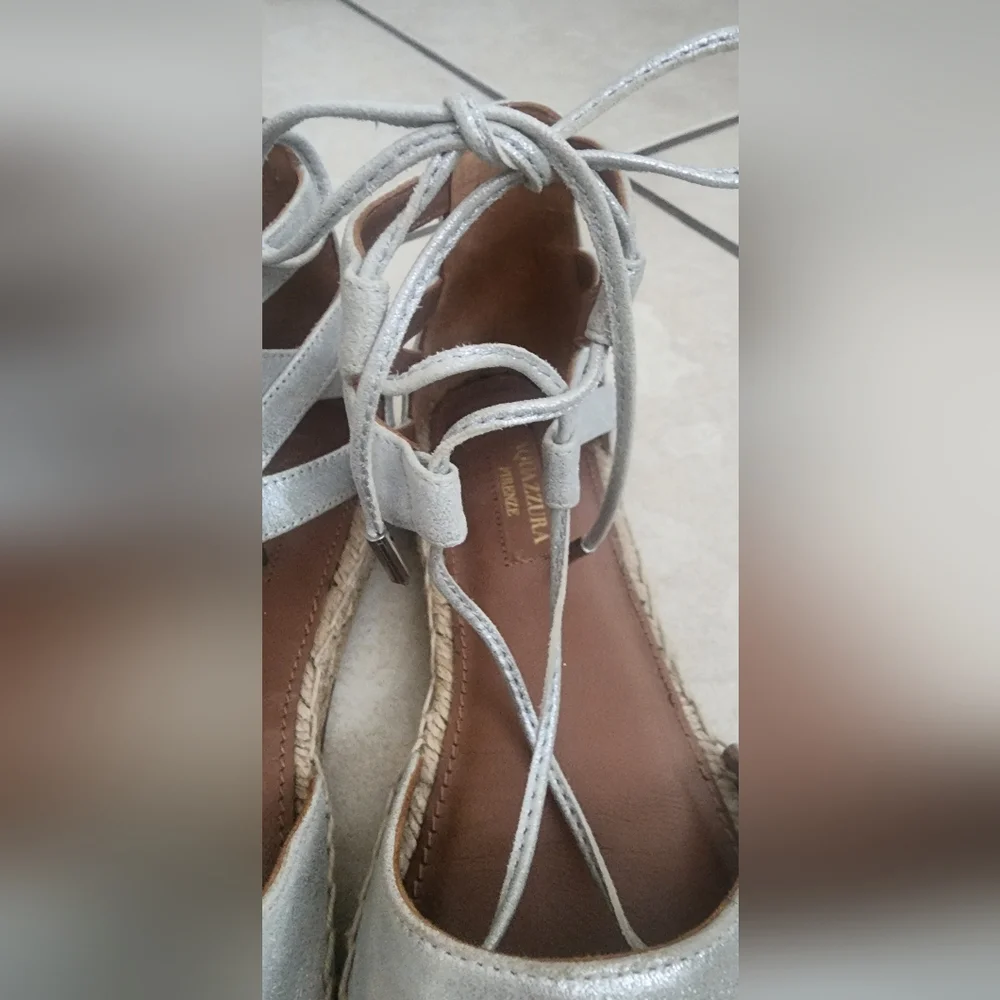 Aquazzura Firenze Silver Espadrille Lace-Up Flats,‎ Size 37.